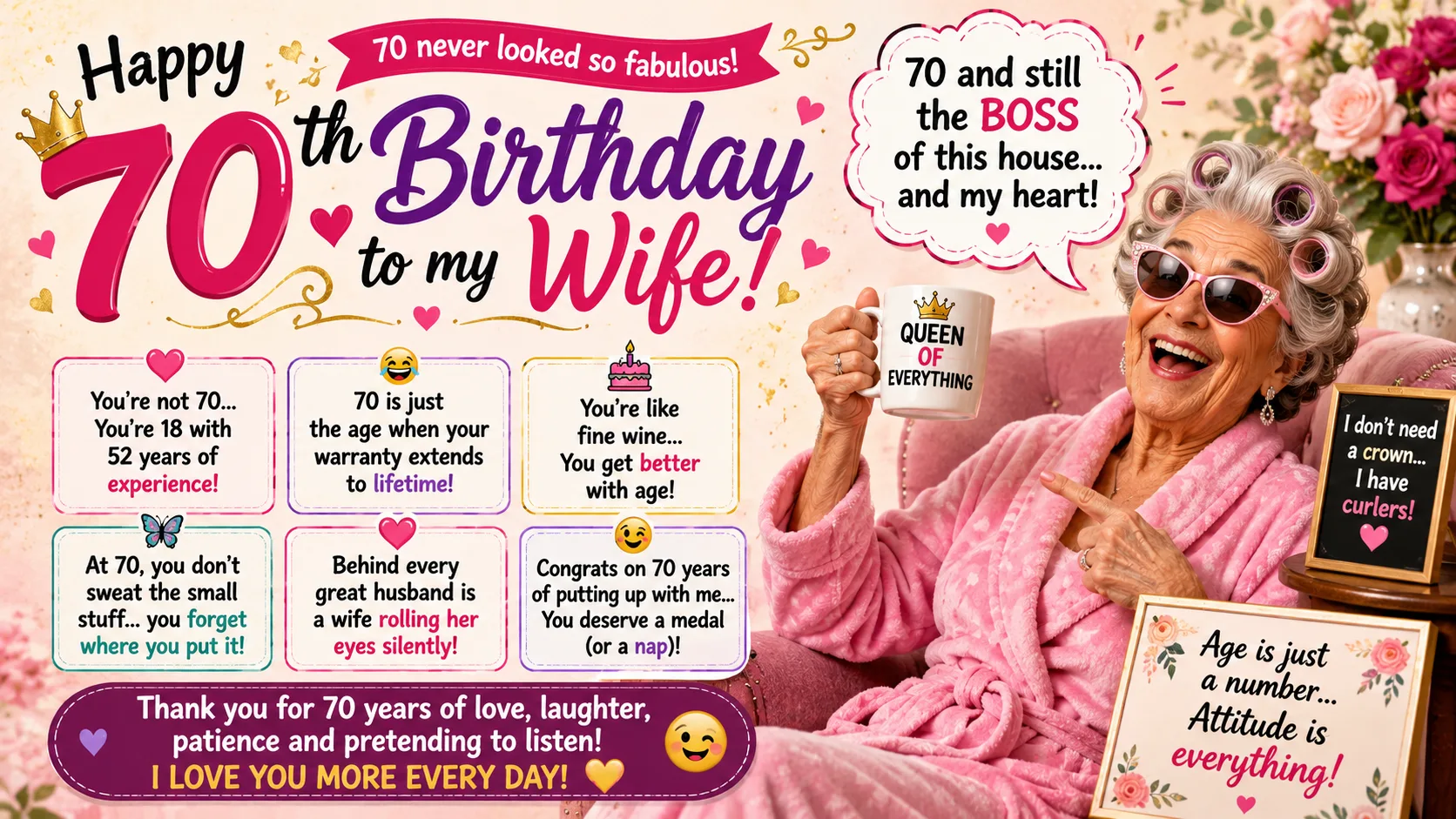 Humorous 70th Birthday Wishes for Wife