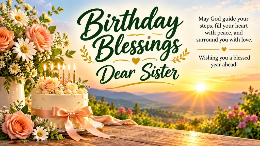 Birthday Blessings Dear Sister greeting with peach flowers and a prayer for guidance, peace and love