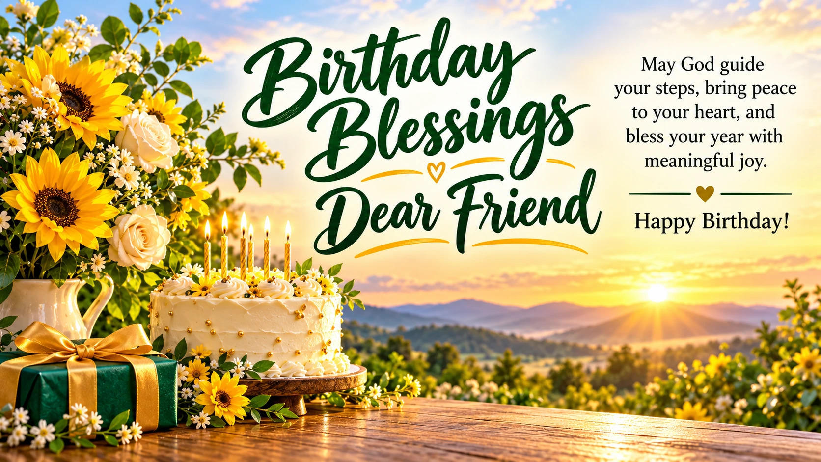 Birthday Blessings Dear Friend greeting with yellow flowers and a prayer for peace and meaningful joy