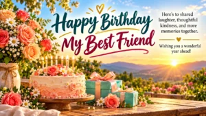 Happy Birthday My Best Friend greeting with coral flowers, cake and wishes for shared laughter and memories
